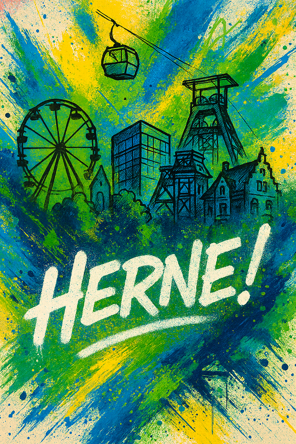 Künstlerisch gestaltetes Cover der Informationsbroschüre HERNE! zur Expo Real 2025